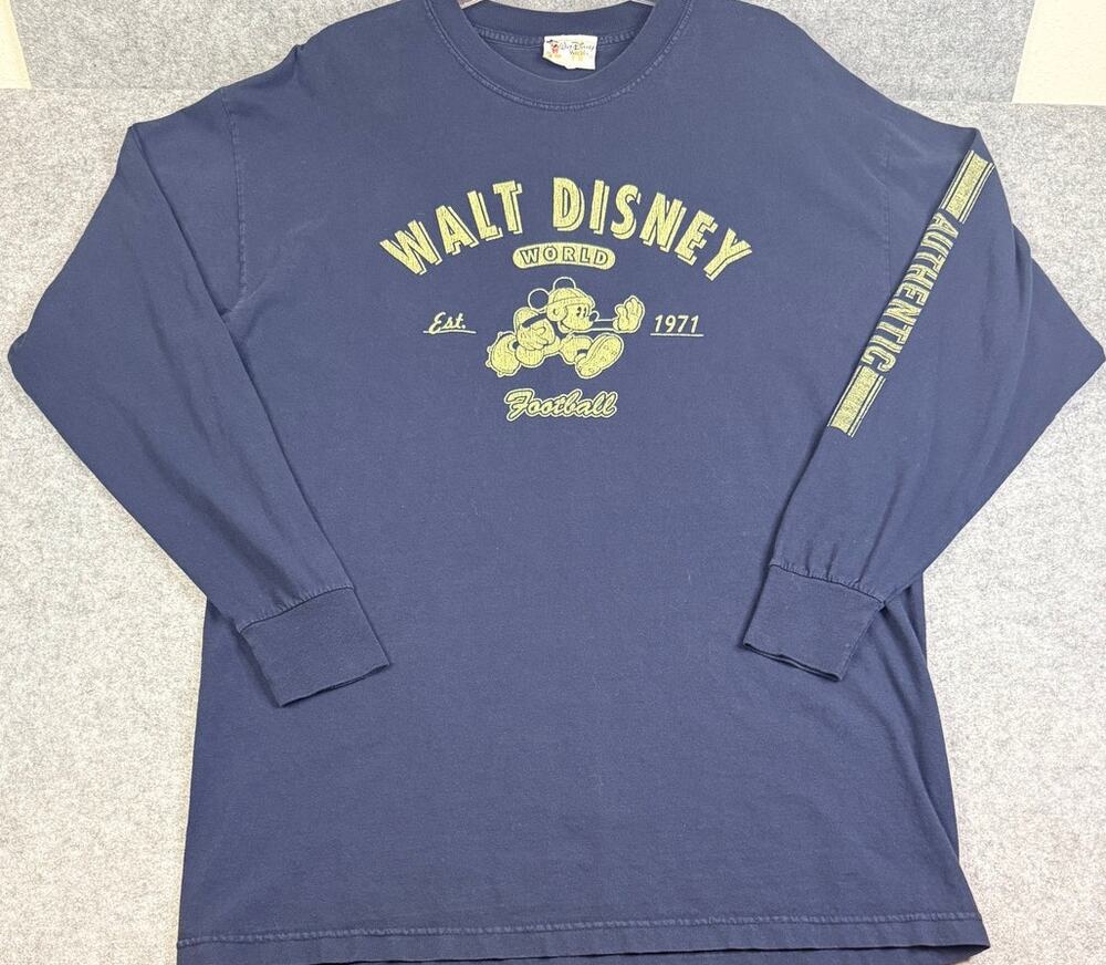 Vintage 90's Walt Disney World 1971 Mickey Football Long Sleeve Tee Navy Large